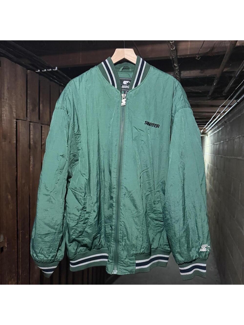 Vintage 90s Starter Big Logo Puffer Varsity Full Zip Jacket Black/Green Men's XL
